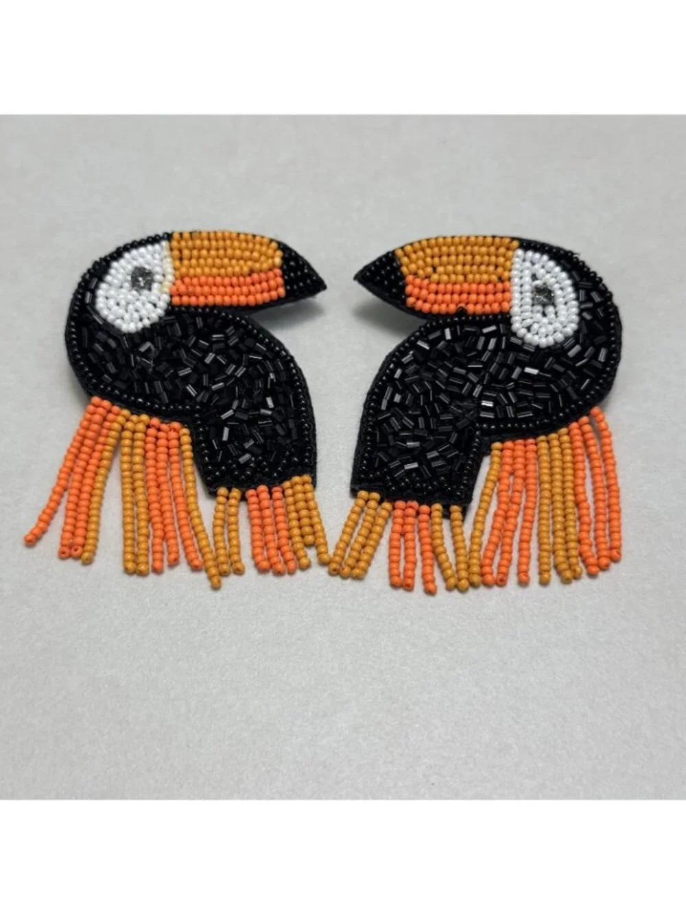 ZARA Toucan Beaded Earrings Black Orange White Pierced NWOT Tropical - Picture 5 of 6